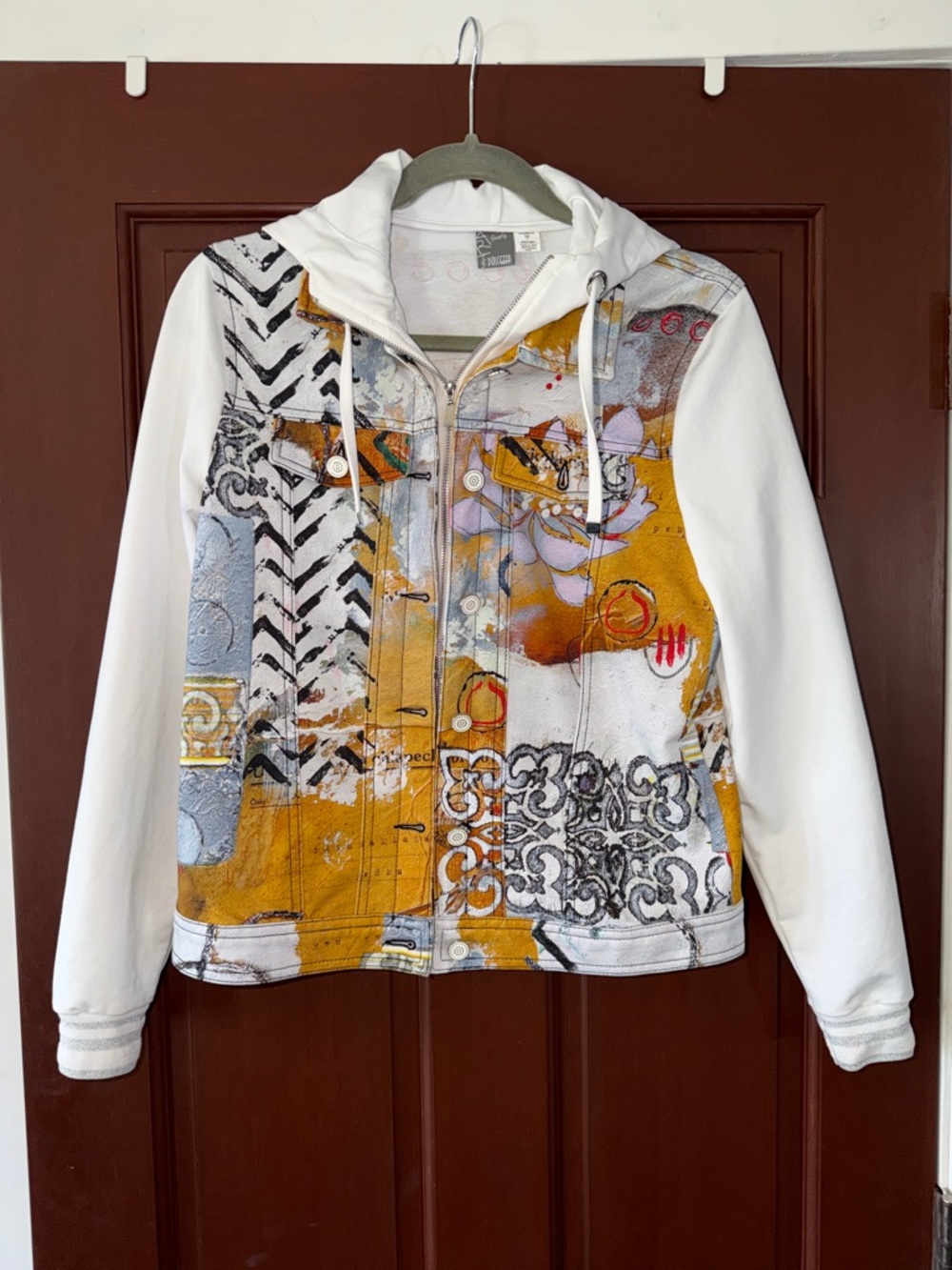 White & Mustard Graphic Zip Hoodie Jacket